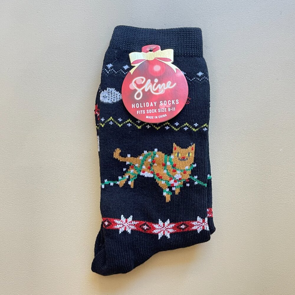 New Shine Socks Cat with Lights Fish Christmas Tree Holiday Black NWT